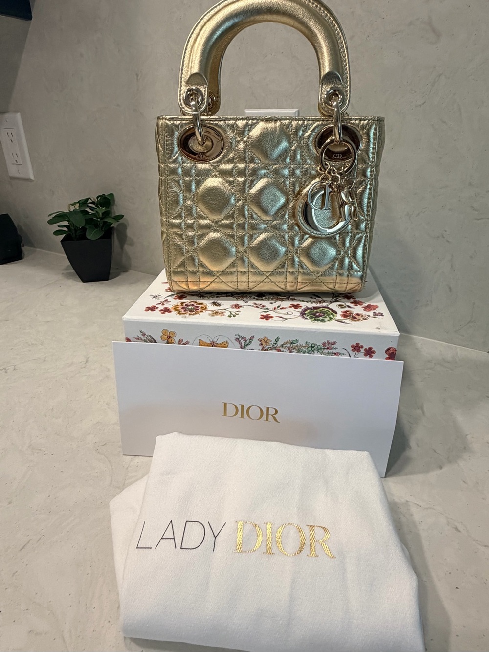 Dior Lady Dior Mini Bag in Metallic Gold Leather